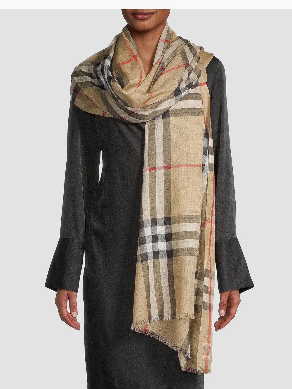 Burberry Giant Check Wool-Silk Gauze Scarf.